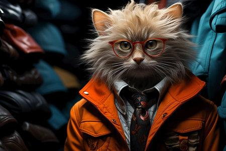 cute funny cat in winter clothes in fitting room.の素材