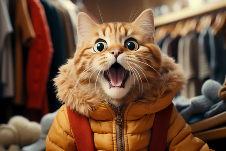 cute funny cat in winter clothes in fitting room.の素材