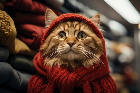 cute funny cat in winter clothes in fitting room.の素材