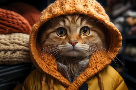 cute funny cat in winter clothes in fitting room.の素材