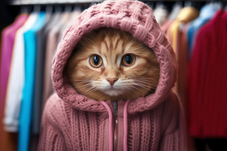 cute funny cat in winter clothes in fitting room.の素材