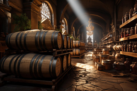 bottles with wine in cellar,wine production.の素材