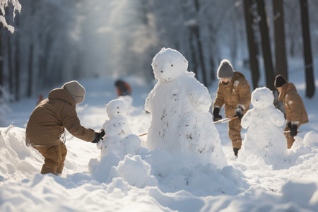children building snowman in winter from white snow.の素材