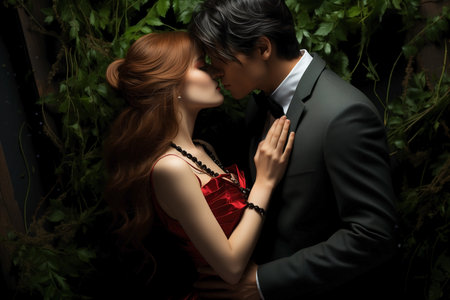 A young couple sharing a kiss under the mistletoe in Christmas.の素材