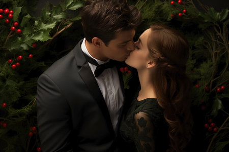 A young couple sharing a kiss under the mistletoe in Christmas.の素材