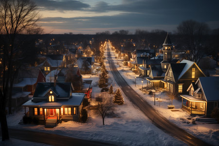american town street with decorated houses for christmas,ariel view.の素材