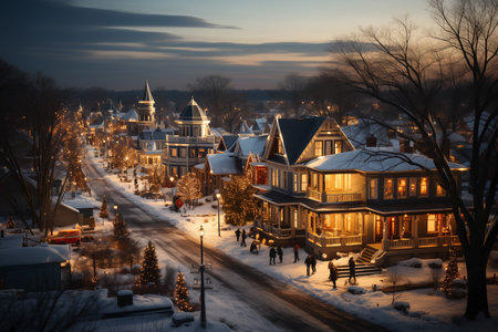 american town street with decorated houses for christmas,ariel view.の素材