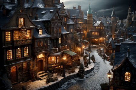 american town street with decorated houses for christmas,ariel view.の素材