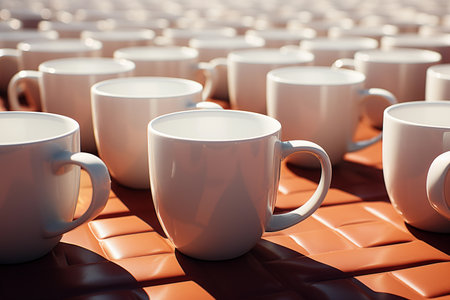 lots of empty white coffee cups on the table.の素材