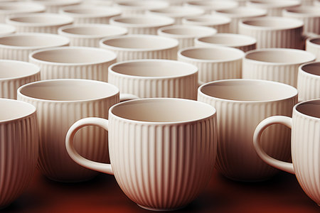 lots of empty white coffee cups on the table.の素材
