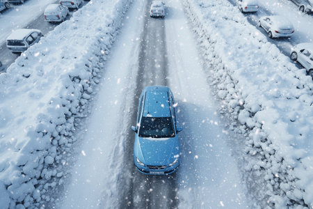 snow covered cars on the road in snowfall in winter.の素材