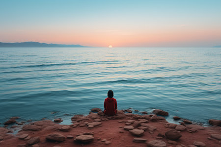 man sitting alone on the ocean shore.の素材