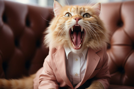 portrait of fluffy sleepy cat yawing.の素材