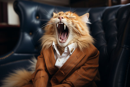 portrait of fluffy sleepy cat yawing.の素材