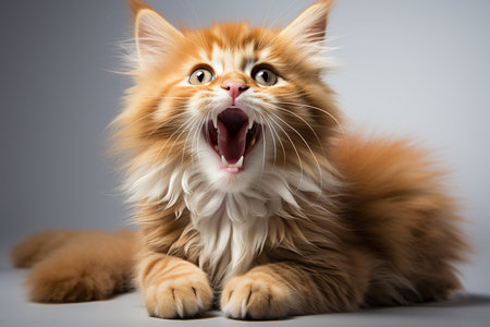 portrait of fluffy sleepy cat yawing.の素材