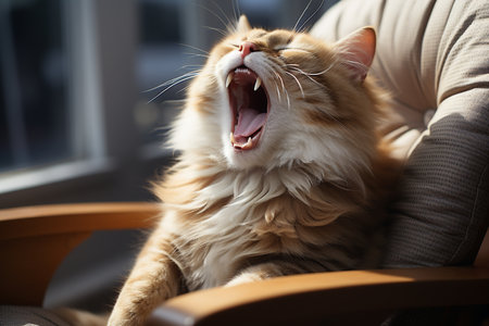 portrait of fluffy sleepy cat yawing.の素材