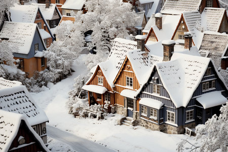 snow covered roofs ariel view.の素材