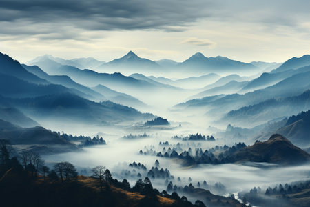 beautiful minimalistic landscape of mountains in fog,ariel view.の素材