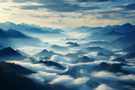 beautiful minimalistic landscape of mountains in fog,ariel view.の素材
