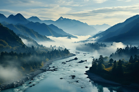 beautiful minimalistic landscape of mountains in fog,ariel view.の素材