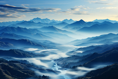 beautiful minimalistic landscape of mountains in fog,ariel view.の素材