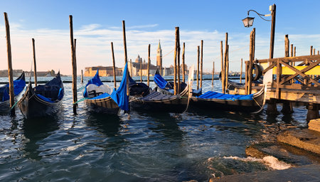 Beautiful seascape with gondolas on the blue sea water in Venice. High quality photoの写真素材