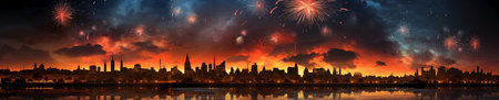 festive fireworks in night sky in the city,banner,new years and christmas celebrations.の素材