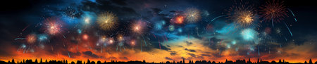 festive fireworks in night sky in the city,banner,new years and christmas celebrations.の素材