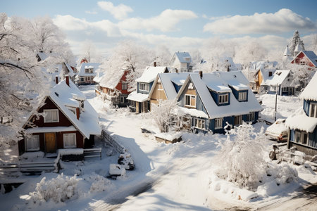 snow covered roofs ariel view.の素材