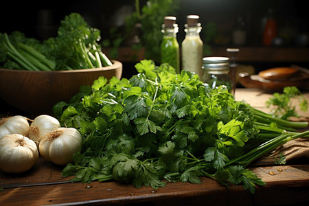 bunch of green fresh parsley close up.の素材