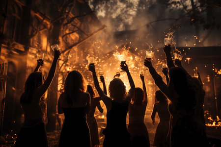 group of happy people celebrating holidays with champagne and sparklers,silhouettes on the sunset.の素材