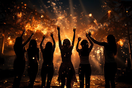 group of happy people celebrating holidays with champagne and sparklers,silhouettes on the sunset.の素材
