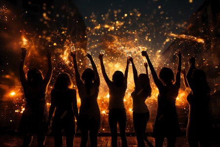 group of happy people celebrating holidays with champagne and sparklers,silhouettes on the sunset.の素材