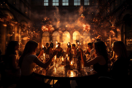 group of happy people celebrating holidays with champagne and sparklers,silhouettes on the sunset.の素材