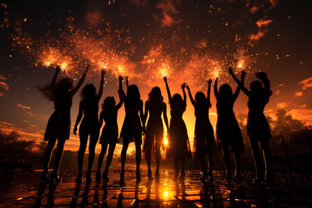 group of happy people celebrating holidays with champagne and sparklers,silhouettes on the sunset.の素材