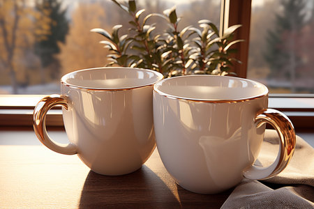 lots of empty white coffee cups on the table.の素材