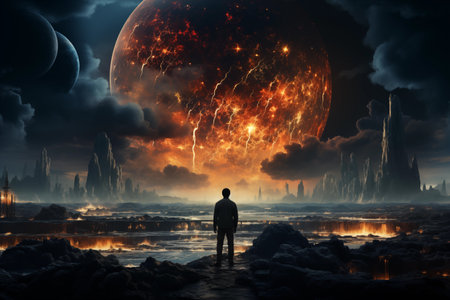 Planet Earth in the shape of a human silhouette against the backdrop of global warming.の素材