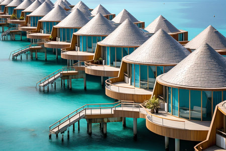 water villas in blue sea background,ariel view,summer holidays resort.の素材