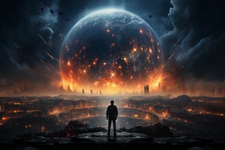 Planet Earth in the shape of a human silhouette against the backdrop of global warming.の素材