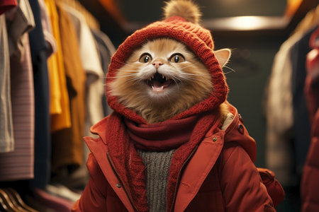 cute funny cat in winter clothes in fitting room.の素材