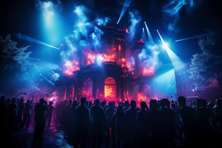 happy people dancing in the night club in neon light.の素材