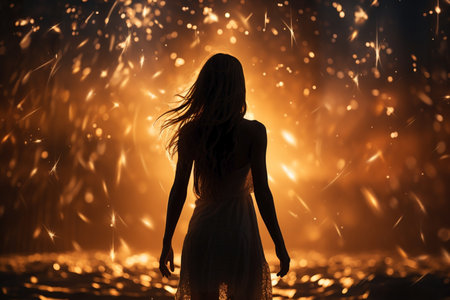 happy woman celebrating holidays with sparklers.の素材
