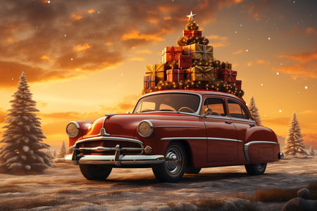 festive picture of car and christmas tree on snowy background.の素材
