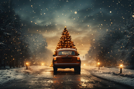 festive picture of car and christmas tree on snowy background.の素材