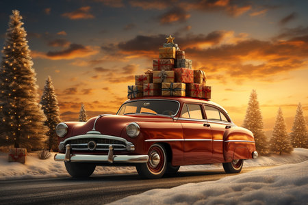 festive picture of car and christmas tree on snowy background.の素材