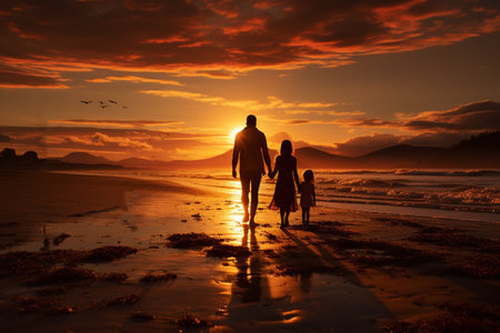 silhouette of family walking along the sea on the sunset.の素材