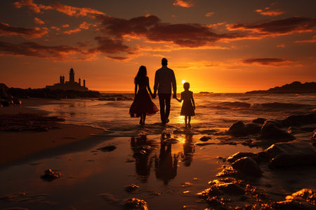 silhouette of family walking along the sea on the sunset.の素材