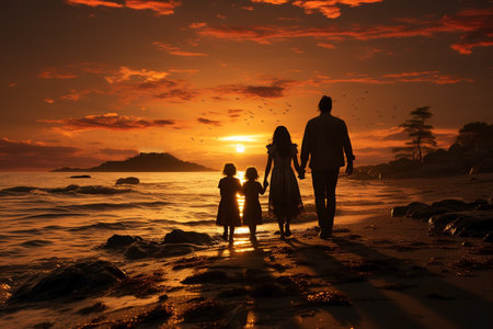 silhouette of family walking along the sea on the sunset.の素材