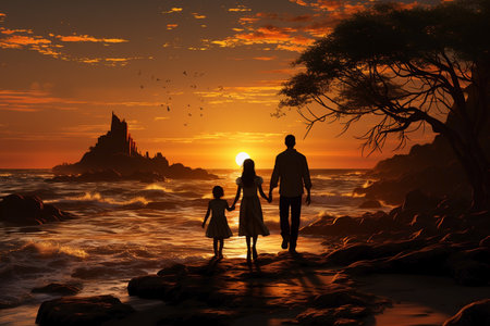 silhouette of family walking along the sea on the sunset.の素材
