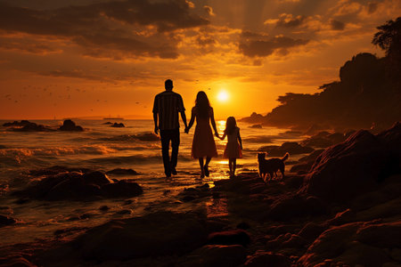 silhouette of family walking along the sea on the sunset.の素材